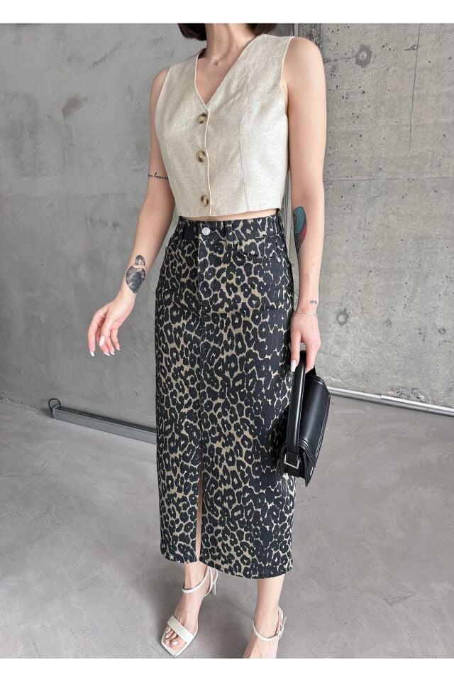 Kadın Yırtmaçlı Siyah Haki Renk Leopar Desen Likralı Kot Etek Siyah leopar - L