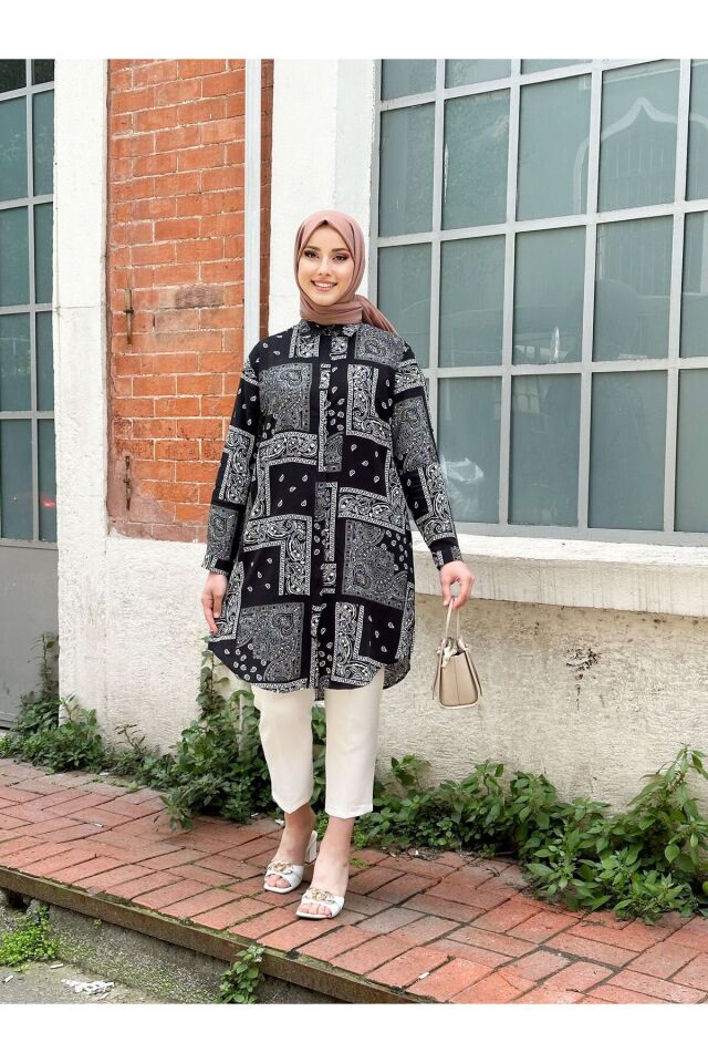 Kadın Büyük Beden Battal Beyaz Siyah Renk Dokuma Viskon Kumaş Tunik Beyaz - 54